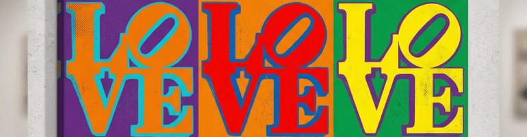 Grid of nine colorful squares each displaying the word LOVE in bold letters with different color combinations.