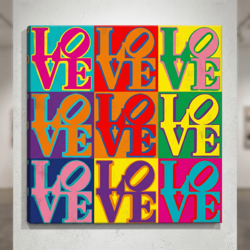 Grid of nine colorful squares each displaying the word LOVE in bold letters with different color combinations.