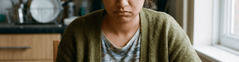 Woman with concerned expression sitting at table with bowl of canned peaches