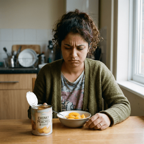 Woman with concerned expression sitting at table with bowl of canned peaches