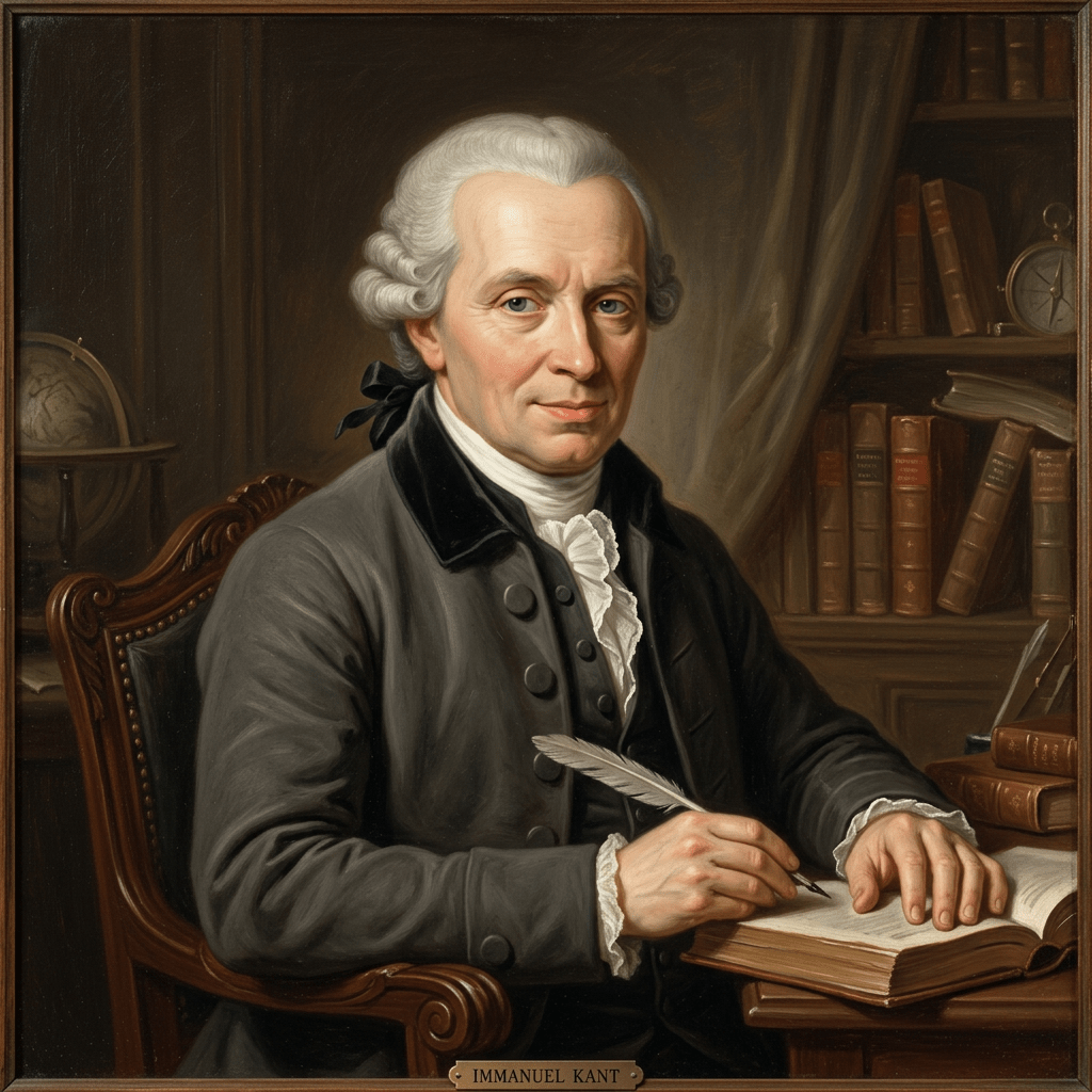 Immanuel Kant seated at desk, writing with quill, books and globe in background