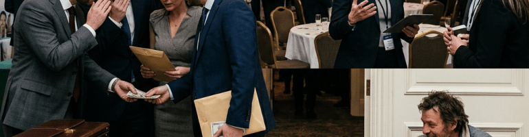 Businesspeople exchanging money at a conference vs. homeless man with dog indoors