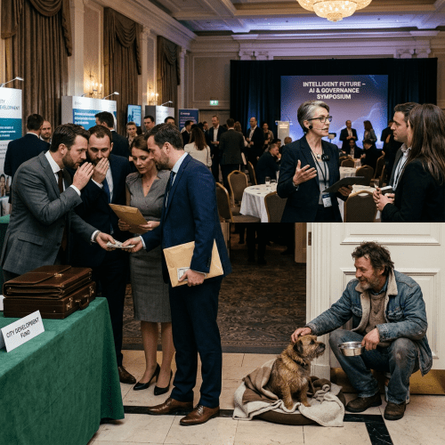 Businesspeople exchanging money at a conference vs. homeless man with dog indoors