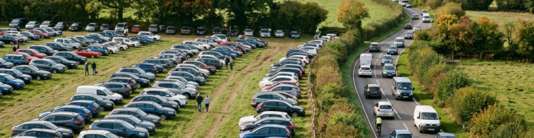 Crowded grassy parking area beside a two-lane road with many cars in traffic