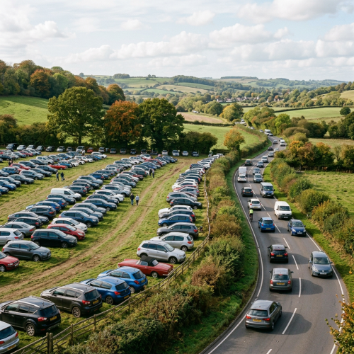Crowded grassy parking area beside a two-lane road with many cars in traffic