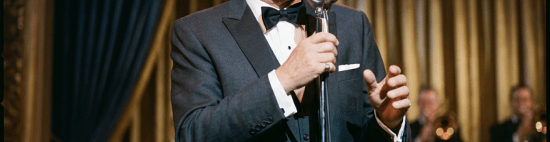 Man in tuxedo singing into vintage microphone on stage with jazz band