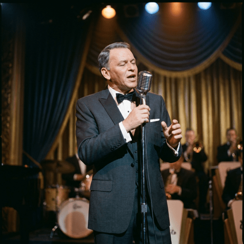 Man in tuxedo singing into vintage microphone on stage with jazz band