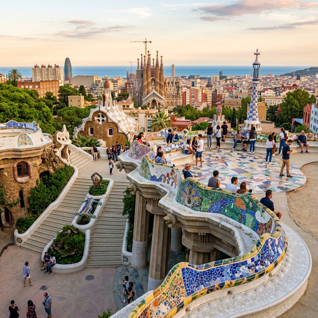 Colorful mosaic benches and terraces at Park Güell with Sagrada Família and Barcelona cityscape beyond