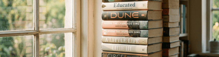 Stack of popular novels on wooden table by window with cup of tea and glasses