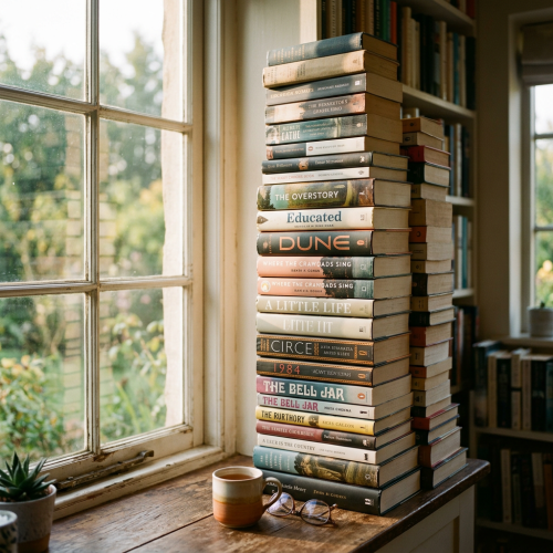 Stack of popular novels on wooden table by window with cup of tea and glasses