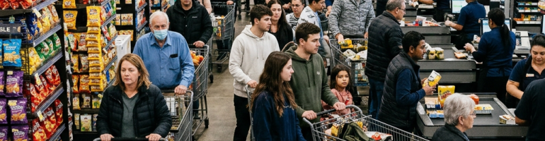 Crowded supermarket checkout with many shoppers and shopping carts