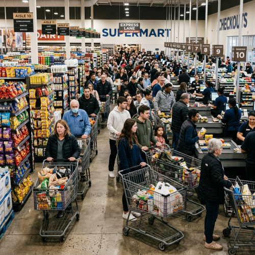 Crowded supermarket checkout with many shoppers and shopping carts