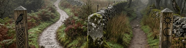 Two foggy forest trails splitting with carved symbols on the ground and wooden posts bearing symbolic designs