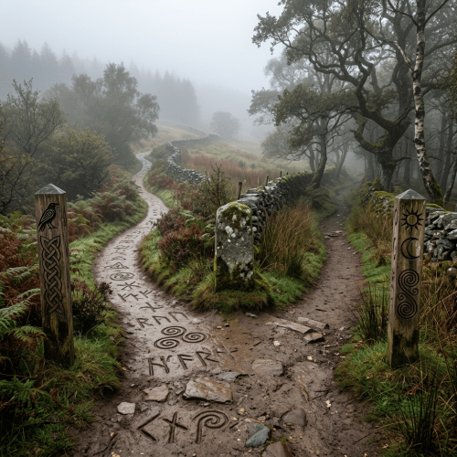 Two foggy forest trails splitting with carved symbols on the ground and wooden posts bearing symbolic designs