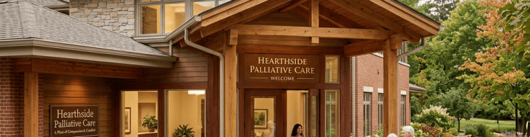 Entrance of Hearthside Palliative Care building with wooden beams, gardens, and an elderly couple walking