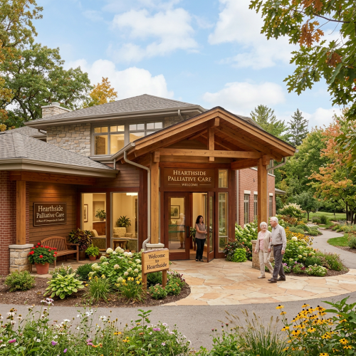 Entrance of Hearthside Palliative Care building with wooden beams, gardens, and an elderly couple walking