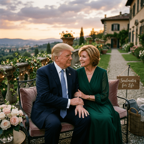 Man and woman sitting closely on a garden bench with flowers and fairy lights at sunset, a sign reads 'Soulmates for Life'