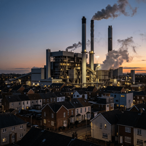 Industrial power plant with tall smokestacks emitting smoke near residential neighborhood at dusk