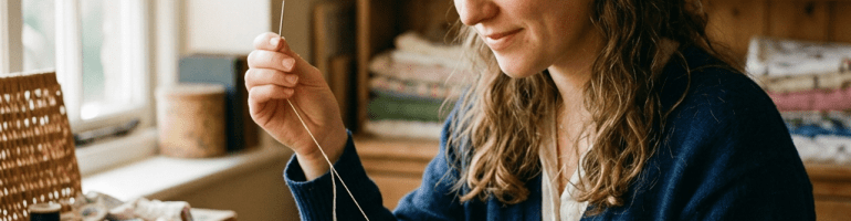 Woman sewing a patch saying 'A Stitch In Time Saves Nine' on blue sweater