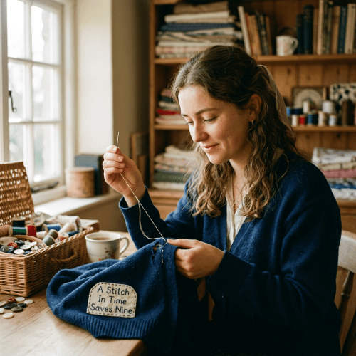 Woman sewing a patch saying 'A Stitch In Time Saves Nine' on blue sweater