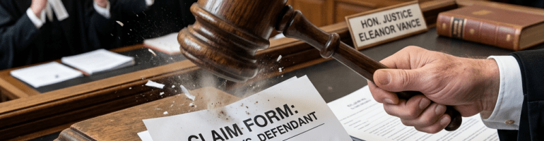 Judge's gavel smashing a claim form labeled 'REJECTED: £100,000,000' on a courtroom desk