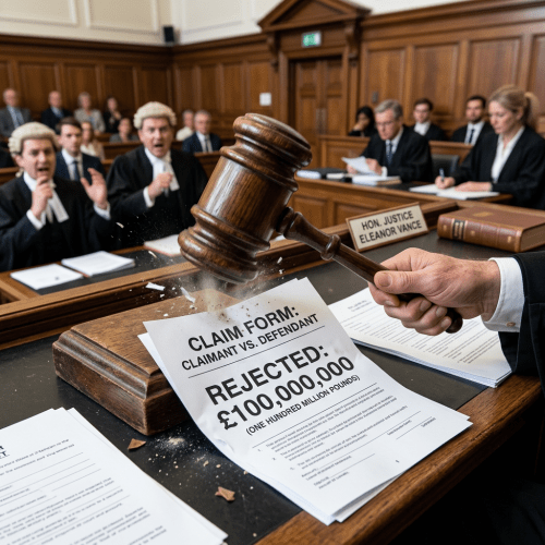 Judge's gavel smashing a claim form labeled 'REJECTED: £100,000,000' on a courtroom desk