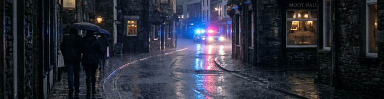 Wet cobblestone street at dusk with pedestrians under umbrellas and police car lights flashing ahead