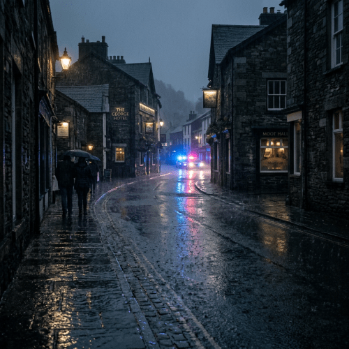 Wet cobblestone street at dusk with pedestrians under umbrellas and police car lights flashing ahead