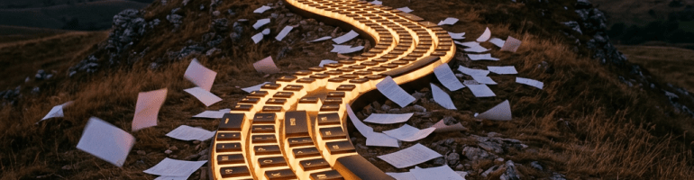 Illuminated keyboard keys forming a winding path toward a digital brain icon on a screen