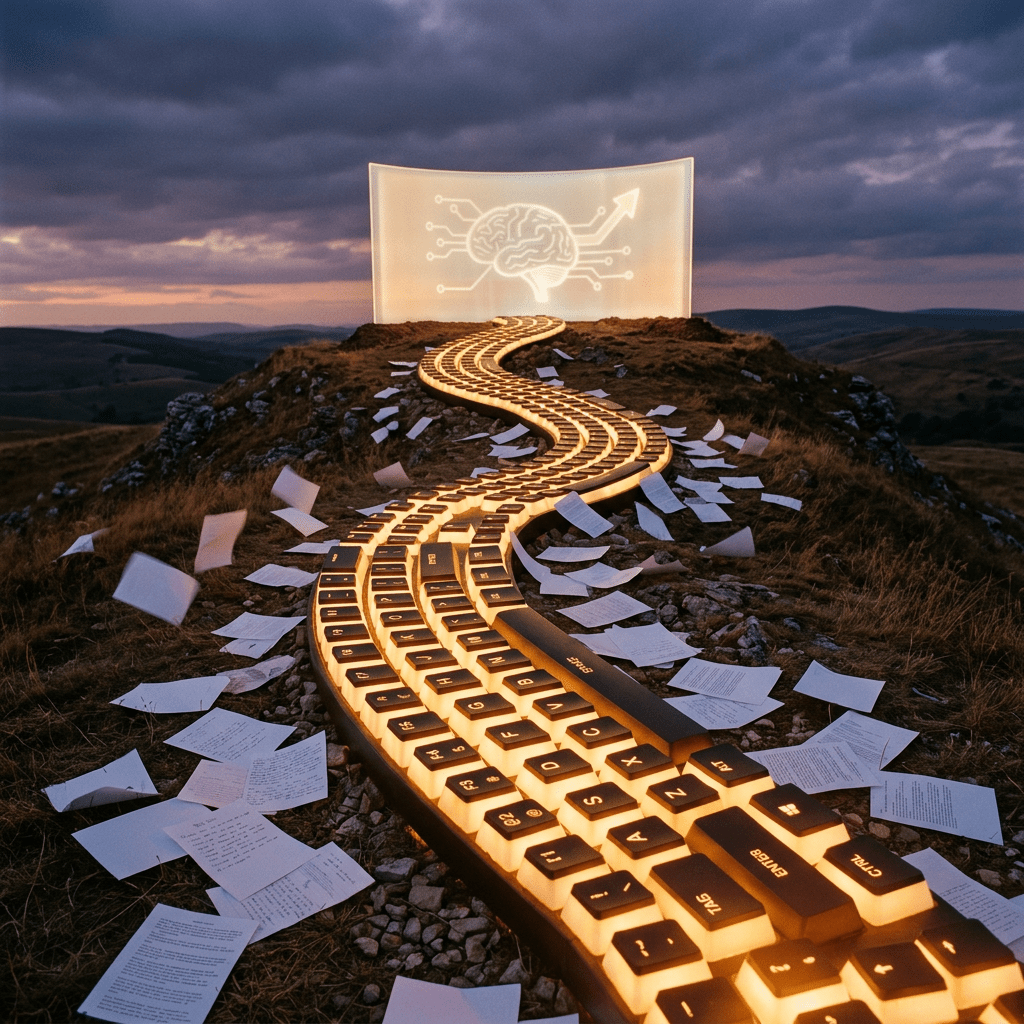 Illuminated keyboard keys forming a winding path toward a digital brain icon on a screen