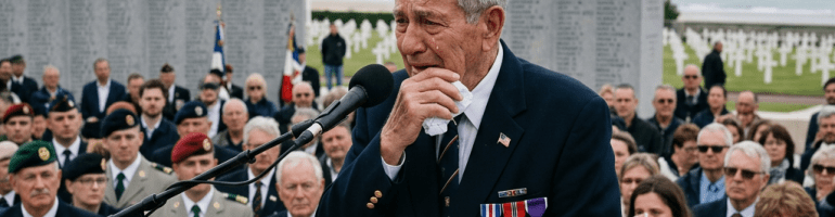 Veteran speaking emotionally at D-Day Memorial podium with audience and flags