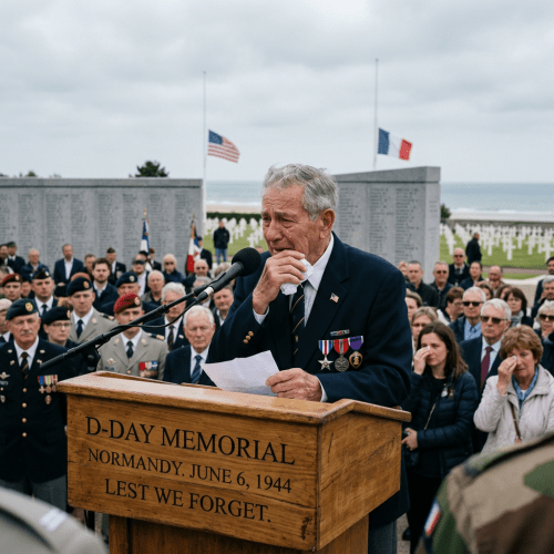 Veteran speaking emotionally at D-Day Memorial podium with audience and flags
