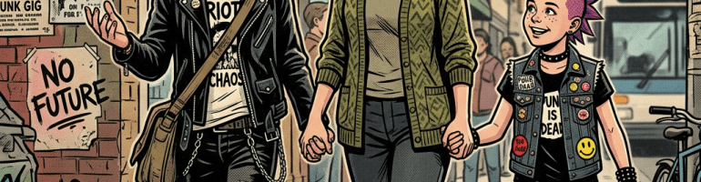 Three people walking on city sidewalk holding hands, two with punk attire and mohawk hairstyles.