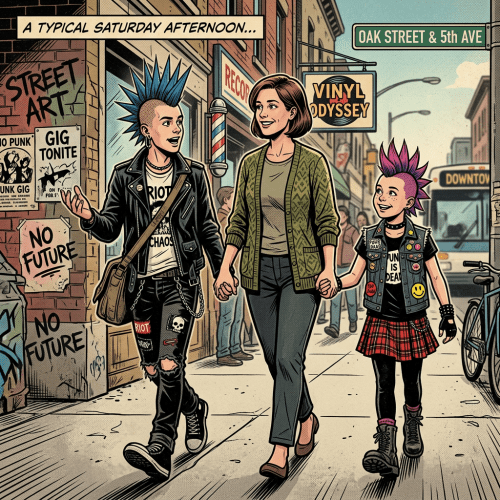 Three people walking on city sidewalk holding hands, two with punk attire and mohawk hairstyles.