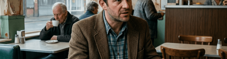 Man in brown jacket pointing at papers on cafe table during discussion