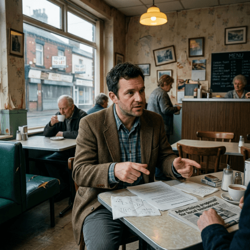 Man in brown jacket pointing at papers on cafe table during discussion
