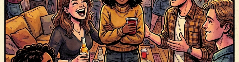 Teen girl looking shy and unsure at a busy house party with friends encouraging her to join.