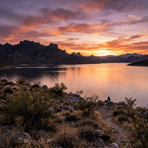Sunset over a mountain lake with colorful sky and a person sitting near water