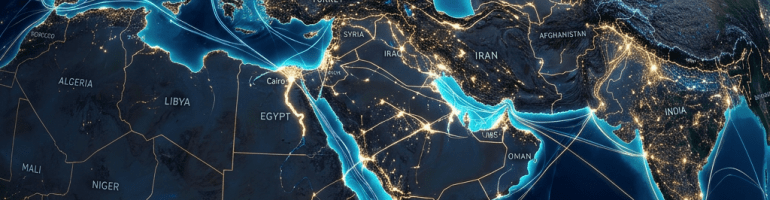 Nighttime globe view showing illuminated cities and interconnected transport lines across Europe, Africa, and Asia