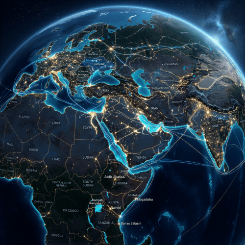 Nighttime globe view showing illuminated cities and interconnected transport lines across Europe, Africa, and Asia
