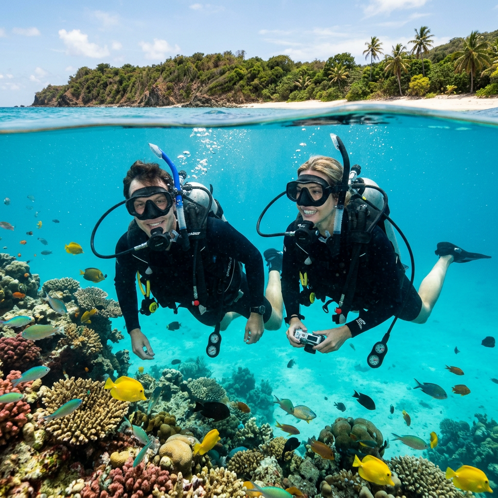 Two scuba divers underwater near colorful coral reef and tropical island