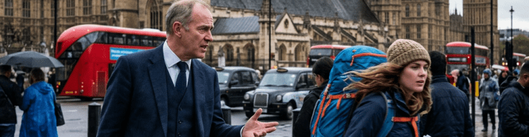 Businessman holding briefcase and umbrella speaking to tourist with backpack and map on London street