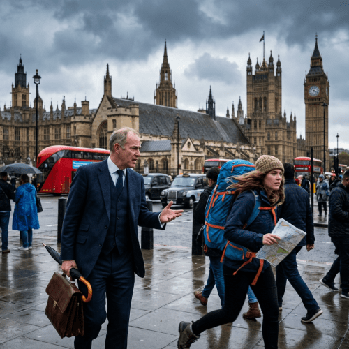 Businessman holding briefcase and umbrella speaking to tourist with backpack and map on London street