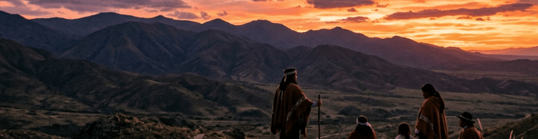 People in traditional attire gathered on rocky hilltop watching colorful sunset over mountains