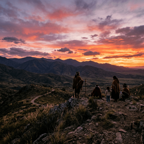 People in traditional attire gathered on rocky hilltop watching colorful sunset over mountains