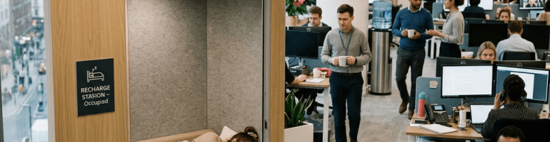 Woman resting in a recharge pod in a busy office environment