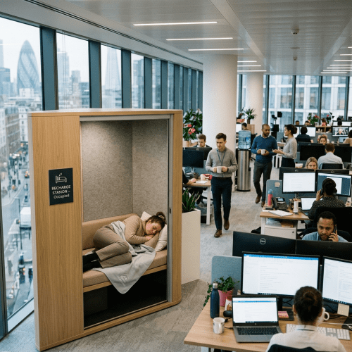 Woman resting in a recharge pod in a busy office environment