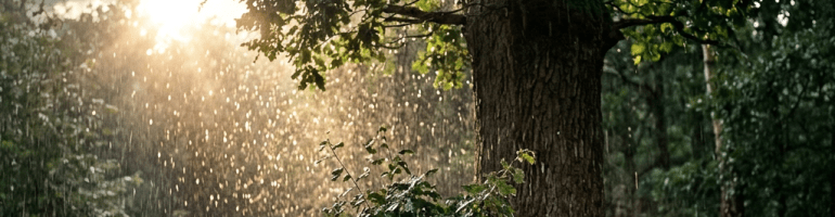 Sunlight shining through rain onto a large tree and greenery in a forest