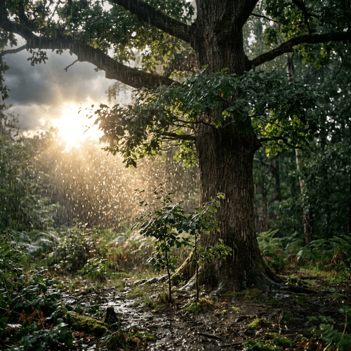 Sunlight shining through rain onto a large tree and greenery in a forest
