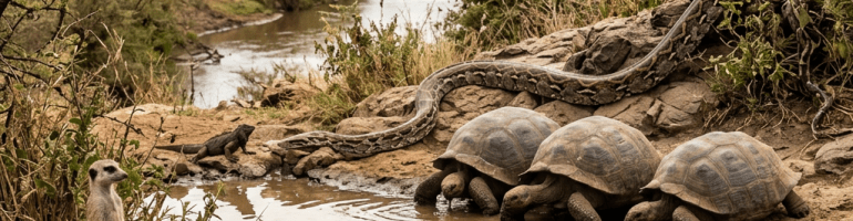 Meerkats, owls, mongooses, tortoises, a python, and iguanas around a watering hole in the savannah
